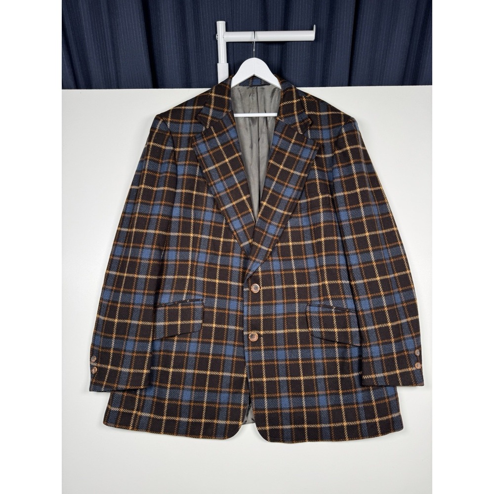 VTG 70s HARDY AMIES OF LONDON Blazer Wool Brown Blue Plaid Long L/XL (32x24.5)